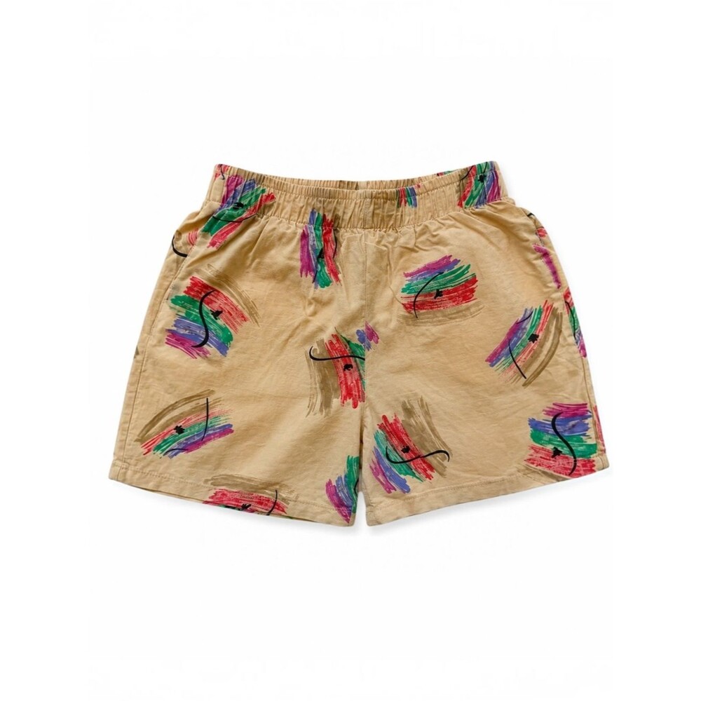 Vintage 90s Express Kids Swim Trunks Tan Abstract Print 24M USA Cotton Retro
